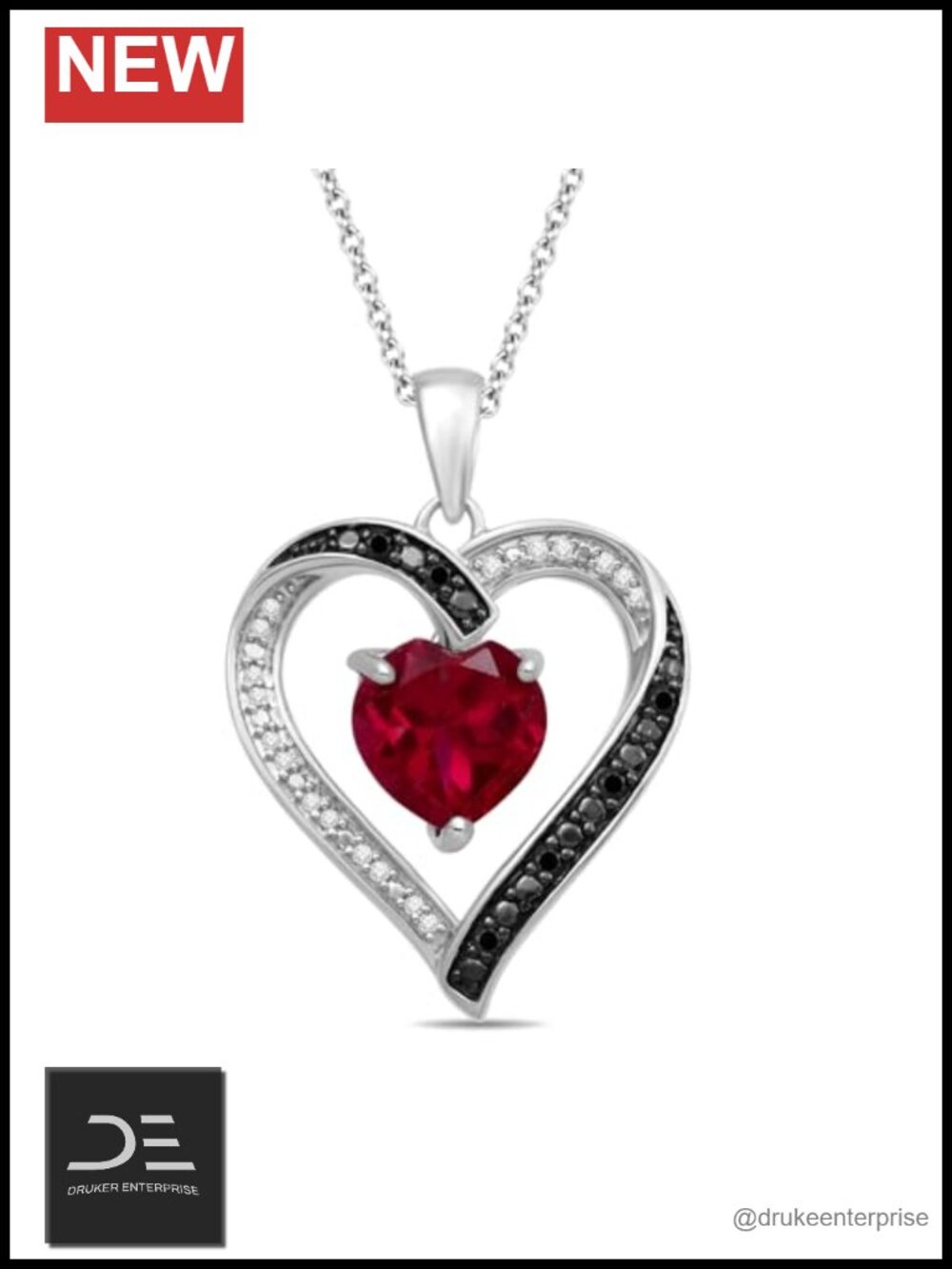 925 Sterling Silver Heart Pendant Necklace Created Ruby Diamond 18"